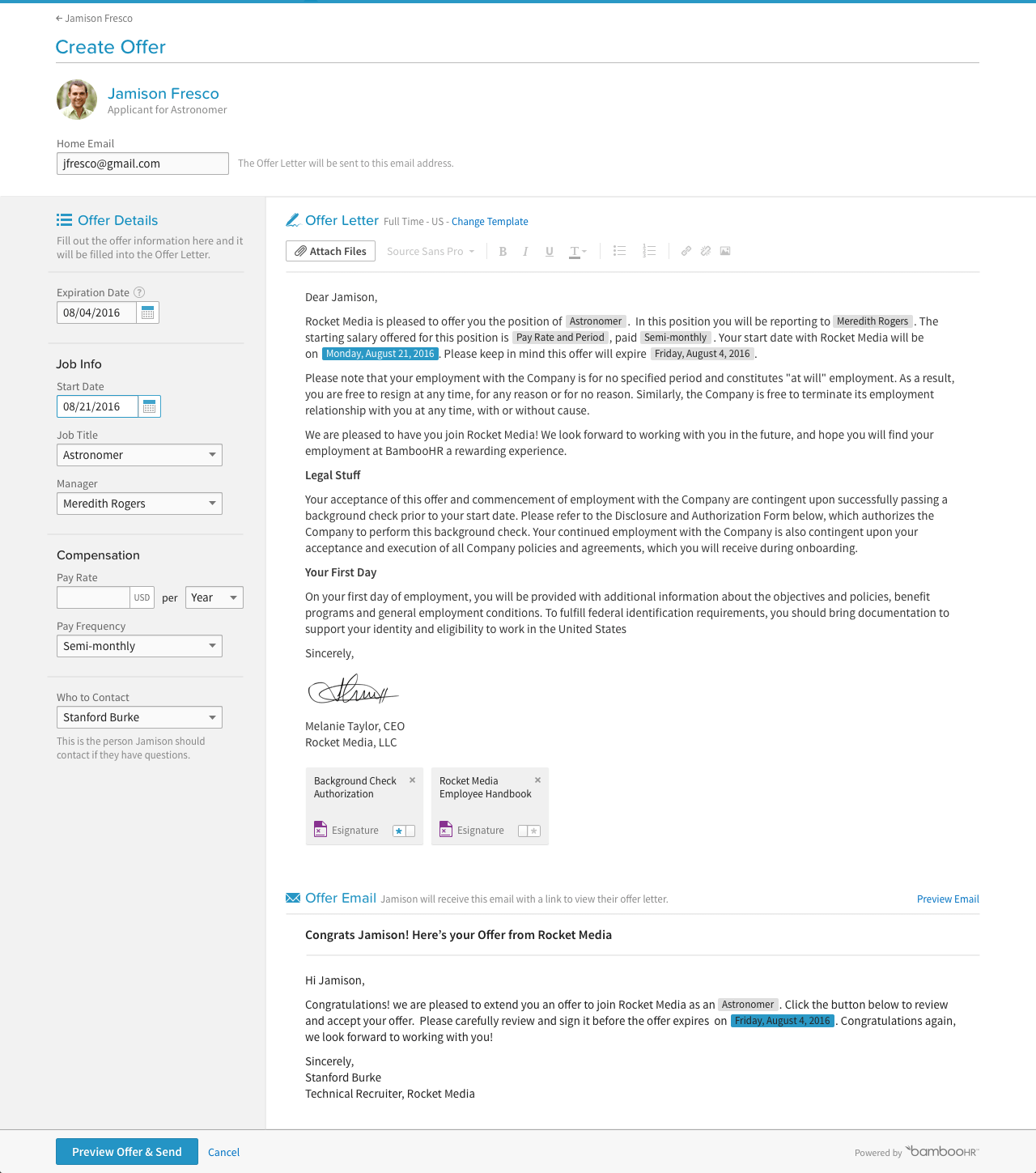 BambooHR Offer Letter Screenshot